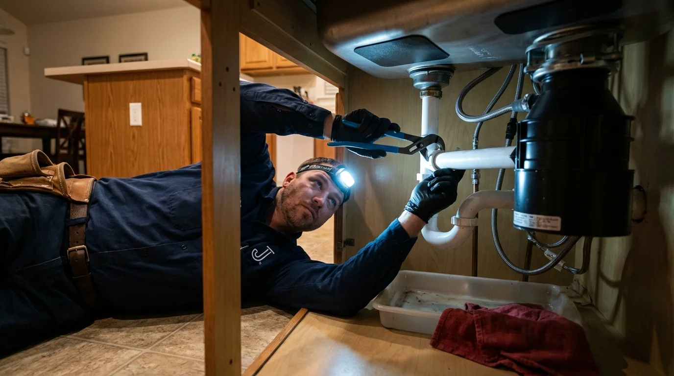 P-trap and supply line connections under a kitchen sink showing a common leak point in Wales, MA